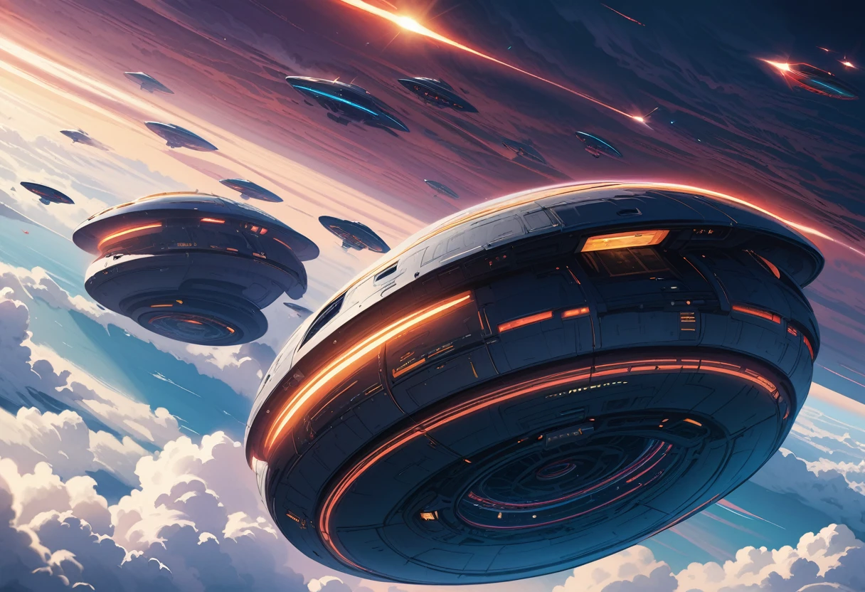 a massive fleet of UFOs attacking at 10,000 meters, photorealistic, intricate details, cinematic lighting, dramatic atmosphere, ultra-detailed, 8k, hyper-realistic, cinematic angles, volumetric clouds, advanced technology, alien technology, futuristic, epic scale, dramatic shadows, vibrant colors, sci-fi, awe-inspiring, masterpiece