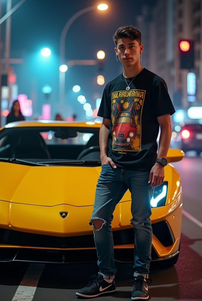 (photorealism:1.2), handsome boy, printing t-shirts and tight scars jeans, standing beside his new type lambo car(glossy yellow), (random camera angle), smokes streets, girls are taking his picture by cellphones, the traffic lights and marks, low angle camera shots, earphones, nike black sneakers, car lights in the streets at nights