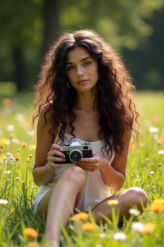 A brunette girl with curly hair and big breasts sits with her legs stretched out, taking a realistic photo