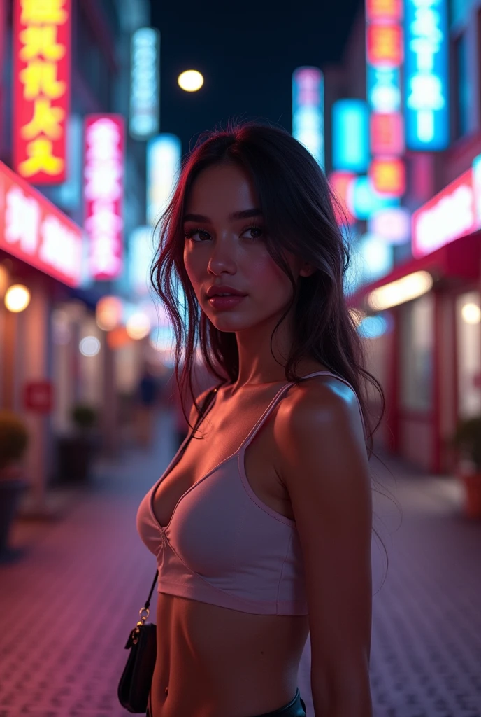 (masterpiece, Best Quality, ultra detailed:1.3), perfect composition, 4k, (extremely detailed, hyper detailed), Soft lighting, raw, HdR, 8k textures, extreme detail, highly detailed skin texture, epic details, high sharpness, 1 girl, (detailed eyes:1.3), (18 year old girl:1.3), (skinny), (), small, on the street, in public, street at night, night lights, Neon lights, cheered up, illustration, naked