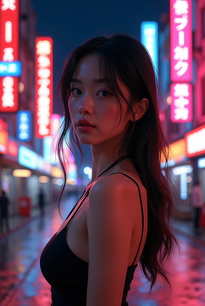 (masterpiece, Best Quality, ultra detailed:1.3), perfect composition, 4k, (extremely detailed, hyper detailed), Soft lighting, raw, HdR, 8k textures, extreme detail, highly detailed skin texture, epic details, high sharpness, 1 girl, (detailed eyes:1.3), (18 year old girl:1.3), (skinny), (big breasts), small, on the street, in public, street at night, night lights, Neon lights, cheered up, illustration, naked