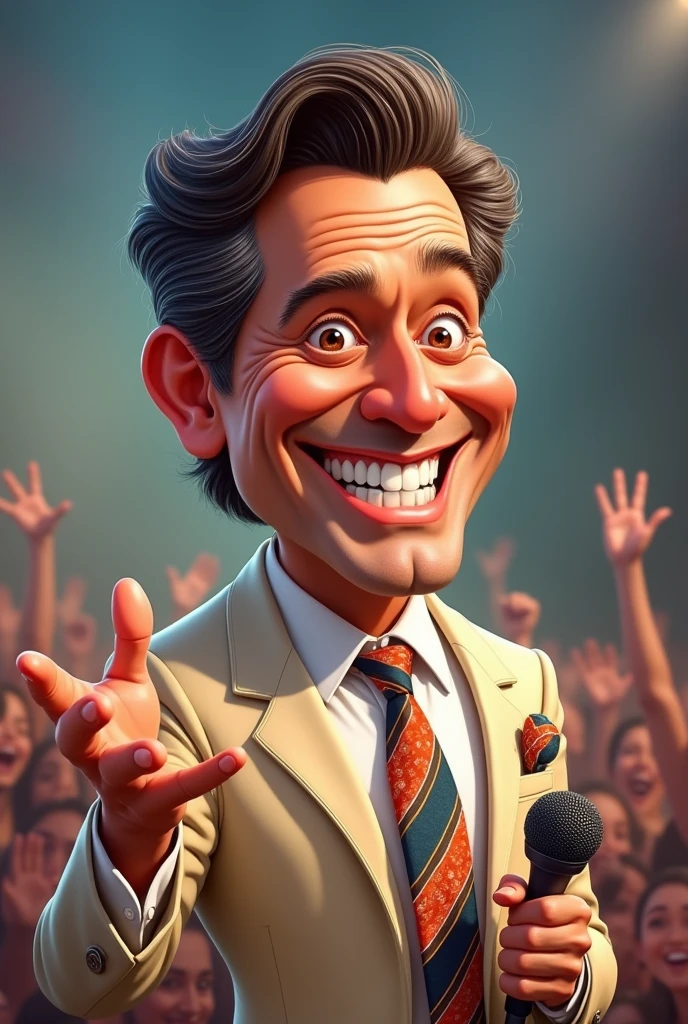 "A caricature of a famous TV presenter who looks like Silvio Santos. Focus on his big, bright smile with very white, prominent teeth. His skin should be fair, reflecting his white complexion. His hair should be voluminous, combed back and brown dark with some gray streaks to represent his advanced age. His expression should be friendly and excited, with half-closed eyes, as if he is smiling or laughing. He is dressed in a light-colored suit, such as beige or light brown, with a colorful tie. and bold. He holds a microphone in one hand, with the other arm making an expansive gesture, as if he is telling a story or interacting with the audience, and his appearance is meant to reflect an older, wiser version of his iconic look."