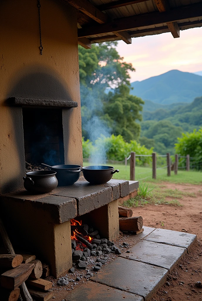 A rustic 20th century fireplace in rural Costa Rica, outdoor. The structure is built of mud and adobe bricks., with a flat stone surface where cast iron pots and pans are placed. It doesn't have a chimney; Instead of that, Smoke escapes through the opening in the back wall of the stove. Iron chains hang over the stove to adjust the height of the cauldrons.. The area around the hearth is blackened by soot., and the beaten earth floor shows marks of ash and charcoal. Aside, There is a small pile of firewood stacked for cooking. The house where the stove is is simple, with earthy and worn colors typical of the Costa Rican rural era, beige, brown and faded green. At the bottom, you can see coffee plantations in the countryside, with coffee plants typical of the region, with its characteristic greenery. Near the dirt road, There are wire fences that delimit the pastures. The surroundings have an authentic and ancient atmosphere., Capturing the rural and traditional look of Costa Rica in the 20th century
