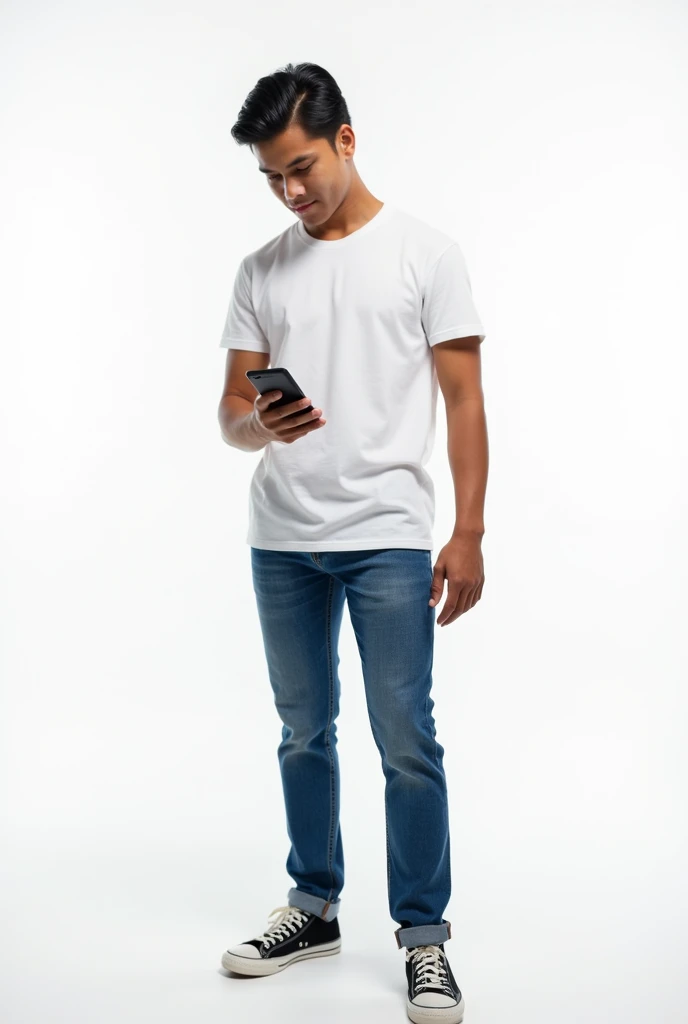 Thai man, tan skin, black hair, wear white t-shirt, blue jeans, black canvas shoes, hold smartphone, white background, 4k
