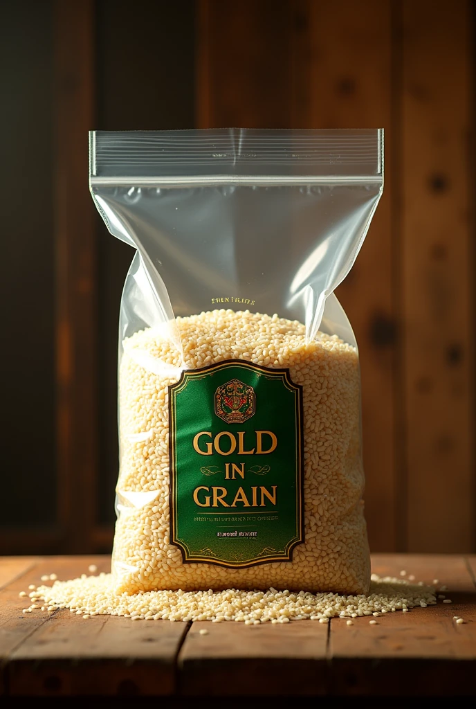 LARGE 50 KILOS TRANSPARENT BAG OF PREMIUM RICE AND THE FRONT PART IN GREEN AND GOLD COLORS WITH THE BRAND "GOLD IN GRAIN"