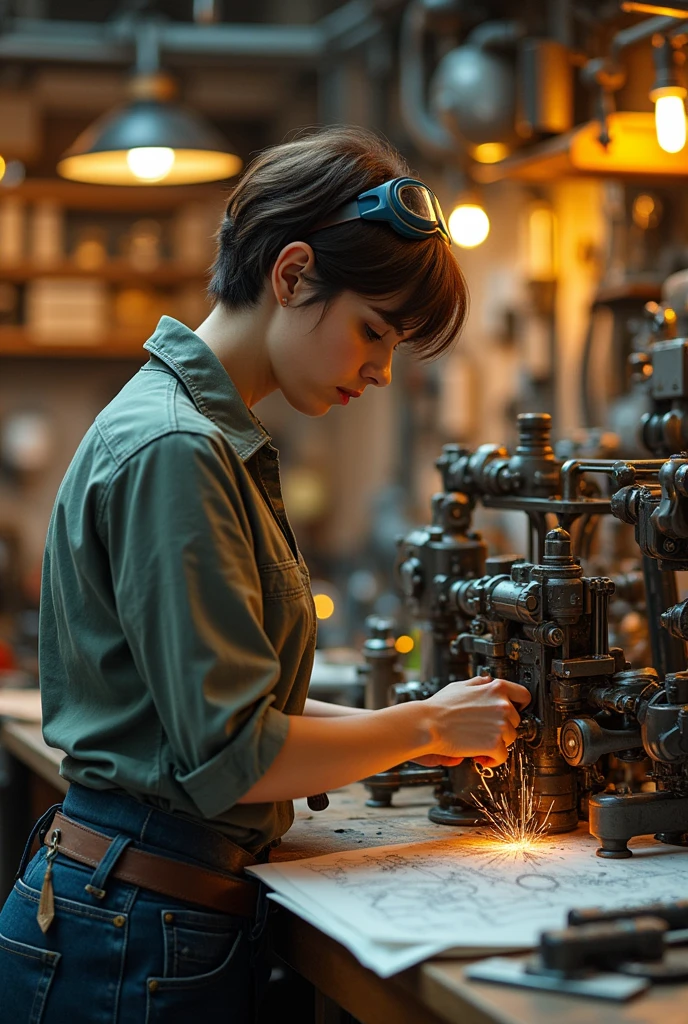 Create an illustration of a short-haired brunette woman building a machine 
