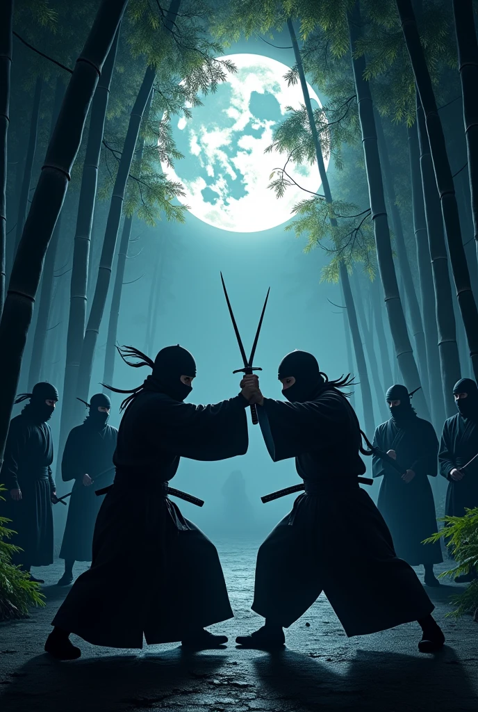 Japanese ninja training head-on with other ninjas at night