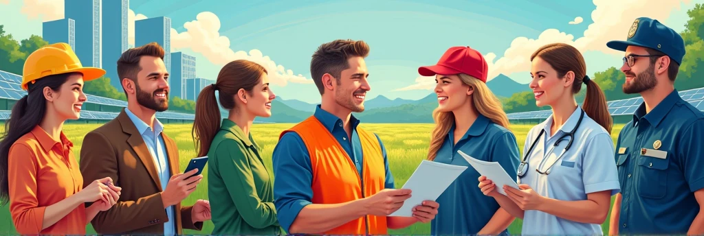 I created a banner with real people in 8k with professions like: teacher, farmer, nurse, lawyer, doctor, janitor, Policerman, an image with a background that brings technology and current affairs that shows the diversity of professions.
