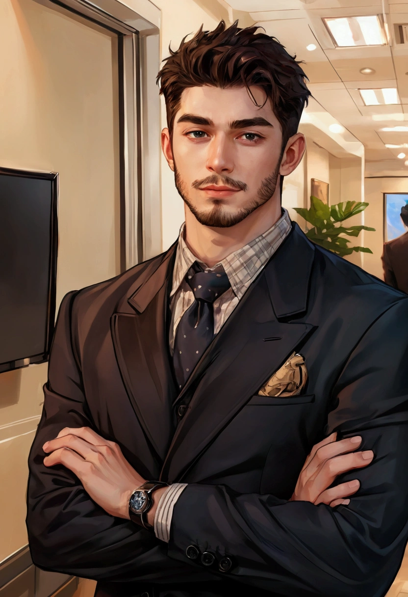 there is a man in a suit and tie standing in a room, handsome stunning realistic, in a strict suit, in the art style of bowater, realistic artstyle, wearing a strict business suit, in his suit, anime handsome man, inspired by Nelson Alexander Ross, high quality portrait, in strict suit, epic and classy portrait, commission for high res
