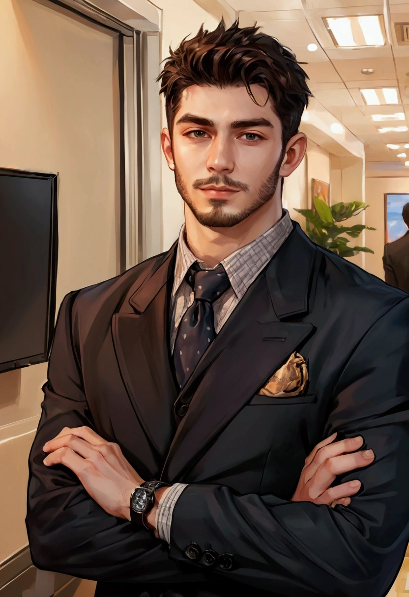 there is a man in a suit and tie standing in a room, handsome stunning realistic, in a strict suit, in the art style of bowater, realistic artstyle, wearing a strict business suit, in his suit, anime handsome man, inspired by Nelson Alexander Ross, high quality portrait, in strict suit, epic and classy portrait, commission for high res