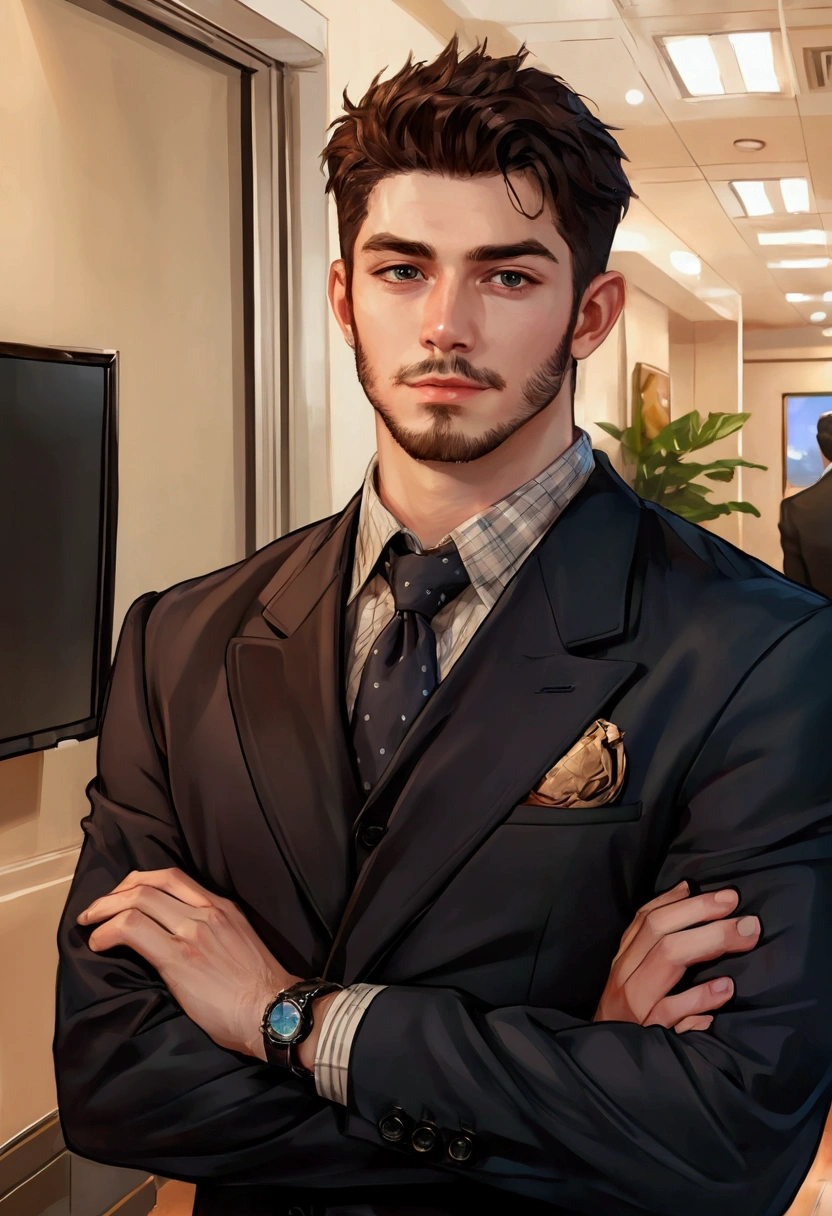 there is a man in a suit and tie standing in a room, handsome stunning realistic, in a strict suit, in the art style of bowater, realistic artstyle, wearing a strict business suit, in his suit, anime handsome man, inspired by Nelson Alexander Ross, high quality portrait, in strict suit, epic and classy portrait, commission for high res
