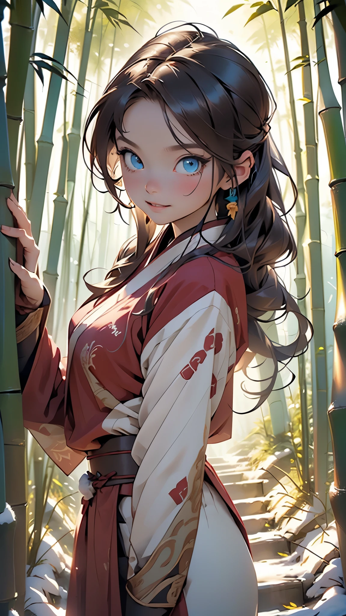 male, muscle, 1boy, muscular, 75 year old man,young,1 man,(((1male,1 male, 1man, 1 man,man:1.5,male gender:1.5,male focus))),((brown hair)),(((blue_eyes:1.3))),intricate eyes,beautiful detailed eyes,symmetrical eyes,((brown hair)),   

(((Hanfu, armor, Guan yu, Guan Yunchang, long hair, mean eyes, red robe))), beautiful Asian wuxia, modern wuxia, (((Asian))), straight brown hair,((bulge in pants)),((red clothes theme,intricate outfit,intricate clothes)),

(dynamic pose:1.0),smile,(centered,scale to fit dimensions,Rule of thirds),

outdoors,(waterfall,bamboo,river,snow bamboo forest,japanese temple,red lanterns burning,temple in the snow forest,mossy stairway in the temple,dilapidated temple,bamboo sanctuary,),scenery,extremely scenery,winter,scenery:1.25,((intricate scenery)),((snow bamboo forest background)),

(Glossy winter ornaments),highres,sharp focus,(ultra detailed,extremely detailed),(photorealistic artwork:1.37),(extremely detailed CG unity 8k wallpaper),(((vibrant colors,vibrant theme))),(intricate),(masterpiece),(best quality),artistic photography,(photography taken by sldr),(intricate background),perfect rendered face,perfect face details,realistic face,photo realistic,((intricate detail)),(((realism))),

