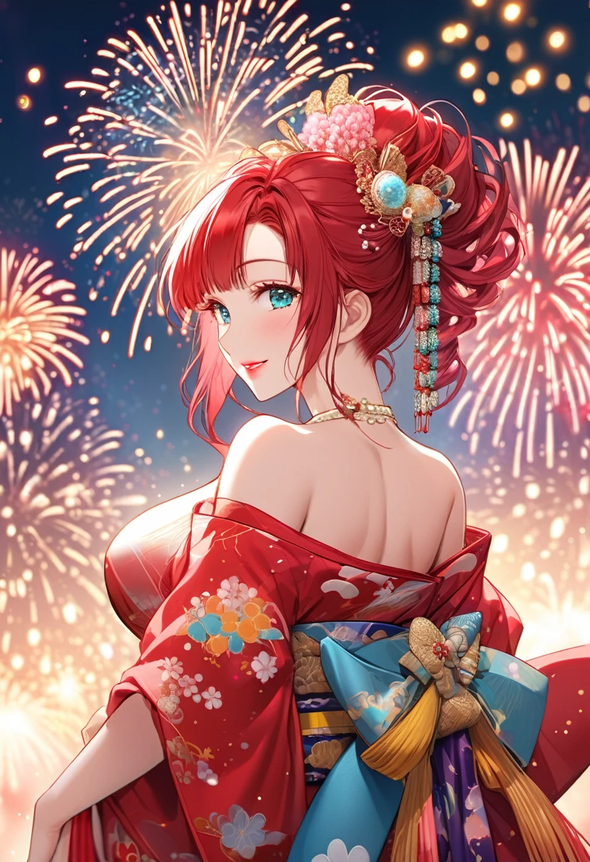 {worst quality, low-quality}, ((a closeup)), (girl with:1.2), (Big breasts), (A turquoise Red-haired, short-cut:1.3), plump shiny lips, Beautiful clear eyes, (The best smile), Spoken Heart, (perfect hand:1.2), (back view:1.3), (firework theme:1.4), (Japanese courtesan girl with:1.3), (Comes with maxi length Red kimono [yellow] Obi:1.4), (Highly detailed and colorful embroidery and fancy firework patterns :1.3), (off shoulders:1.4), (geta:1.2), (Fancy hair ornaments:1.3), ((super huge ribbon:1.2) in front of the waist:1.3), low angle shot, (dazzling fireworks light1.4), (beautiful fireworks background:1.2), masutepiece,Best Quality,ultra-detailliert, masterpiece,
