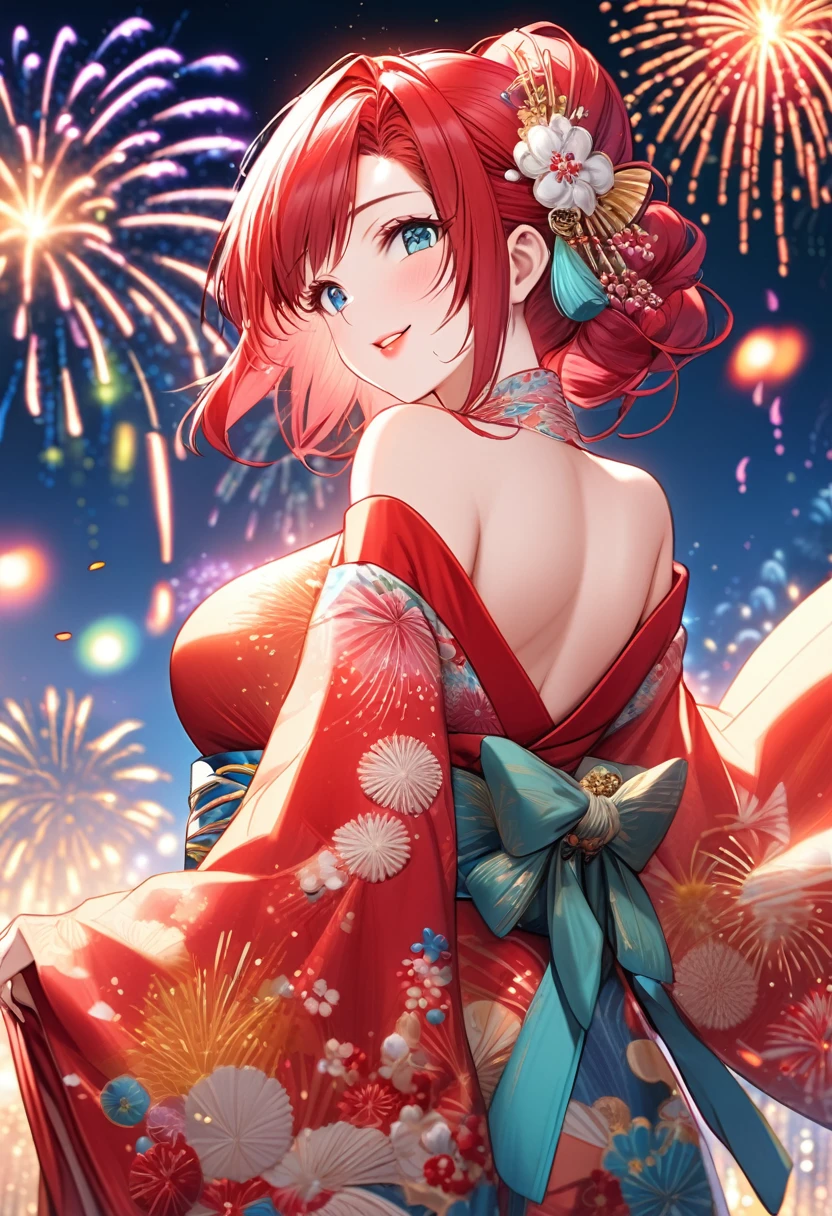 {worst quality, low-quality}, ((a closeup)), (girl with:1.2), (Big breasts), (A turquoise Red-haired, short-cut:1.3), plump shiny lips, Beautiful clear eyes, (The best smile), Spoken Heart, (perfect hand:1.2), (back view:1.3), (firework theme:1.4), (Japanese courtesan girl with:1.3), (Comes with maxi length Red kimono [yellow] Obi:1.4), (Highly detailed and colorful embroidery and fancy firework patterns :1.3), (off shoulders:1.4), (geta:1.2), (Fancy hair ornaments:1.3), ((super huge ribbon:1.2) in front of the waist:1.3), low angle shot, (dazzling fireworks light1.4), (beautiful fireworks background:1.2), masutepiece,Best Quality,ultra-detailliert, masterpiece,
