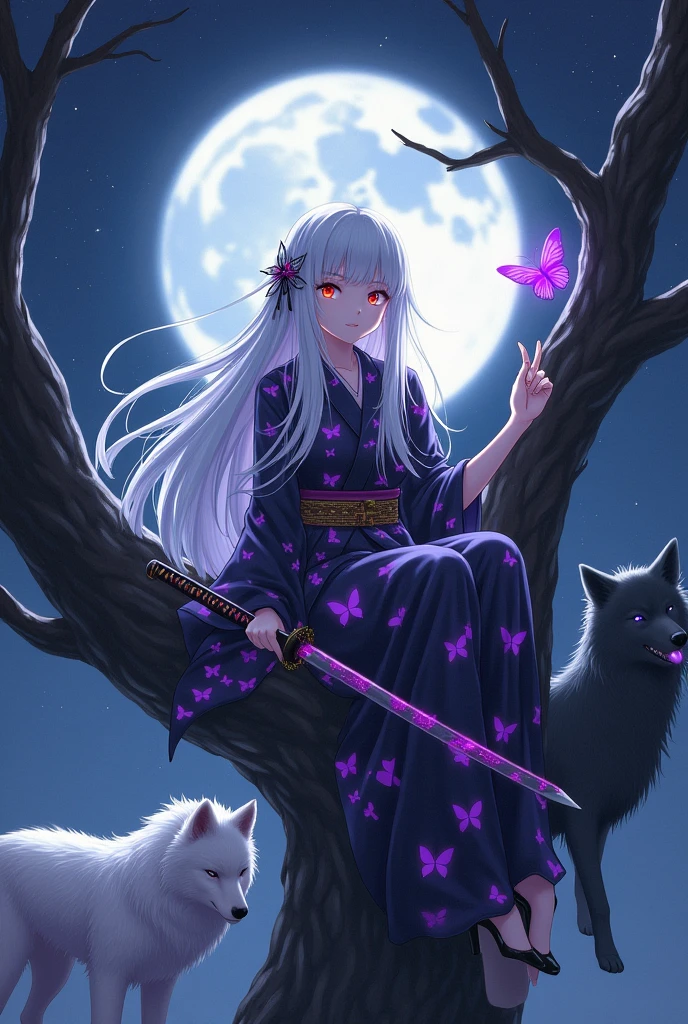 Girl with white hair with butterfly haori with one purple eye and another red and purple katana and butterfly brooch green and blue long hair sitting on a tree at night and on her finger holding a butterfly and two winged wolves one white and another black