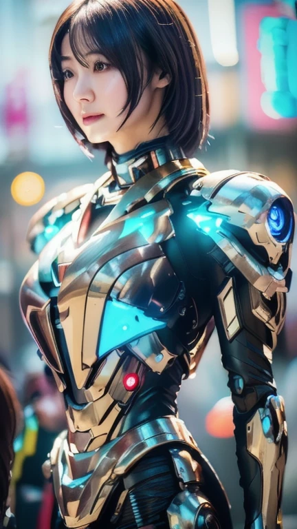 Highest quality, masterpiece, shape, (Realistic, photo-Realistic:1.37), wonderful, In detail, Unbelievably absurd, Very detailed, High resolution, Very detailed CG Unity 8k , Very detailed目と顔, Ray Tracing, The cyborg girl is pure.,She is wearing a mecha armor jacket.。.。.。..。.., Exposing most of her flawless skin. Added armor details to shoulders and head.、wonderfulハイライトがいくつかあります, Tech Panels and Mechanisms. She stands against a futuristic cityscape lit up with vibrant neon lights.........、Standing full of energy。.