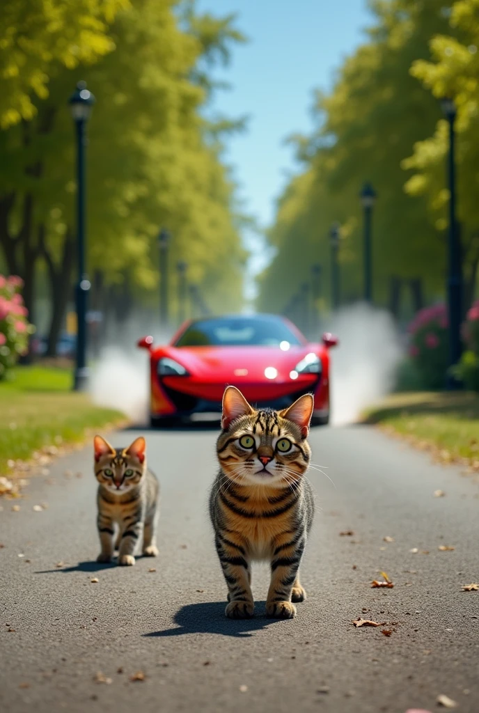 The Car Approaching Dangerously
Prompt: A speeding car coming directly toward cat and his father cat. The car is shown in motion, tires skidding slightly, and it's clear the driver hasn’t noticed the cats. Cat and his father have startled expressions as they freeze in fear, realizing the danger. The scene is tense, with the park entrance just behind them.