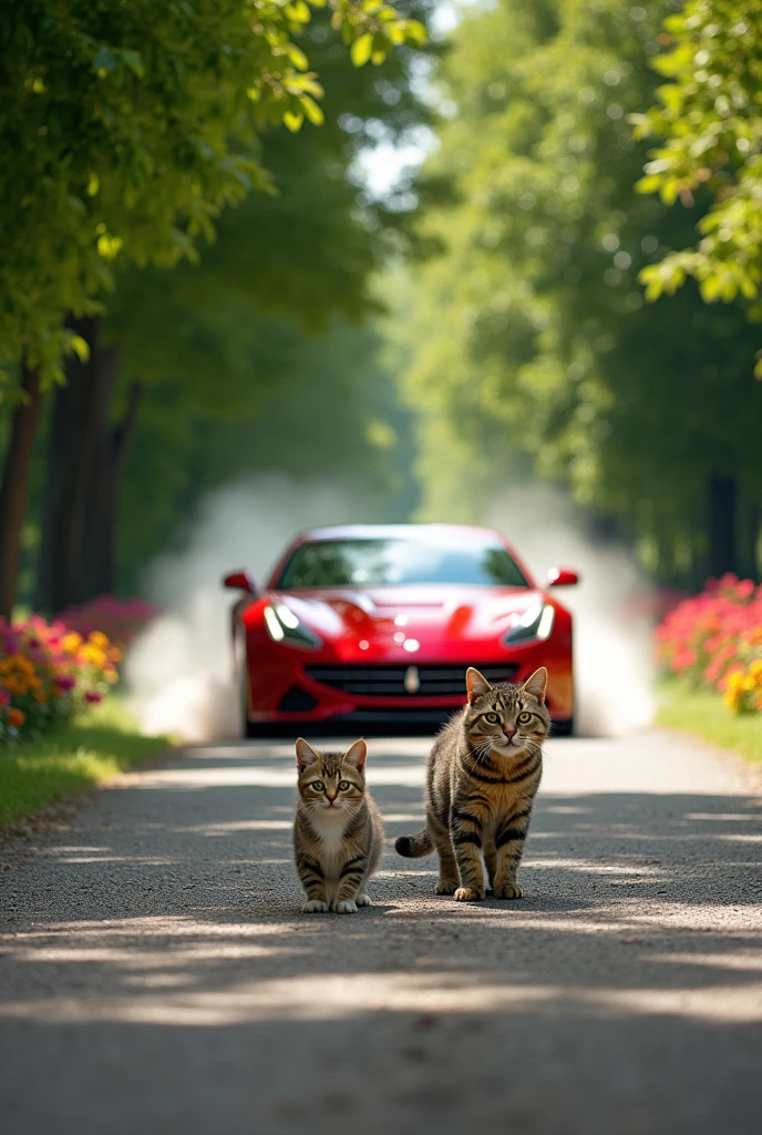 The Car Approaching Dangerously
Prompt: A speeding car coming directly toward cat and his father cat. The car is shown in motion, tires skidding slightly, and it's clear the driver hasn’t noticed the cats. Cat and his father have startled expressions as they freeze in fear, realizing the danger. The scene is tense, with the park entrance just behind them.
