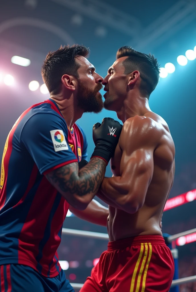 messi punch cristiano ronaldo face,WWE championship match,two professional soccer players fighting,intense action scene,dramatic sports event,realistic 3D render,hyperrealistic,cinematic lighting,vivid colors,intense motion blur,masterpiece,(best quality,8k,photorealistic,hyper detailed:1.5),ultra detailed facial features,extremely realistic human anatomy,(dramatic,intense:1.2)