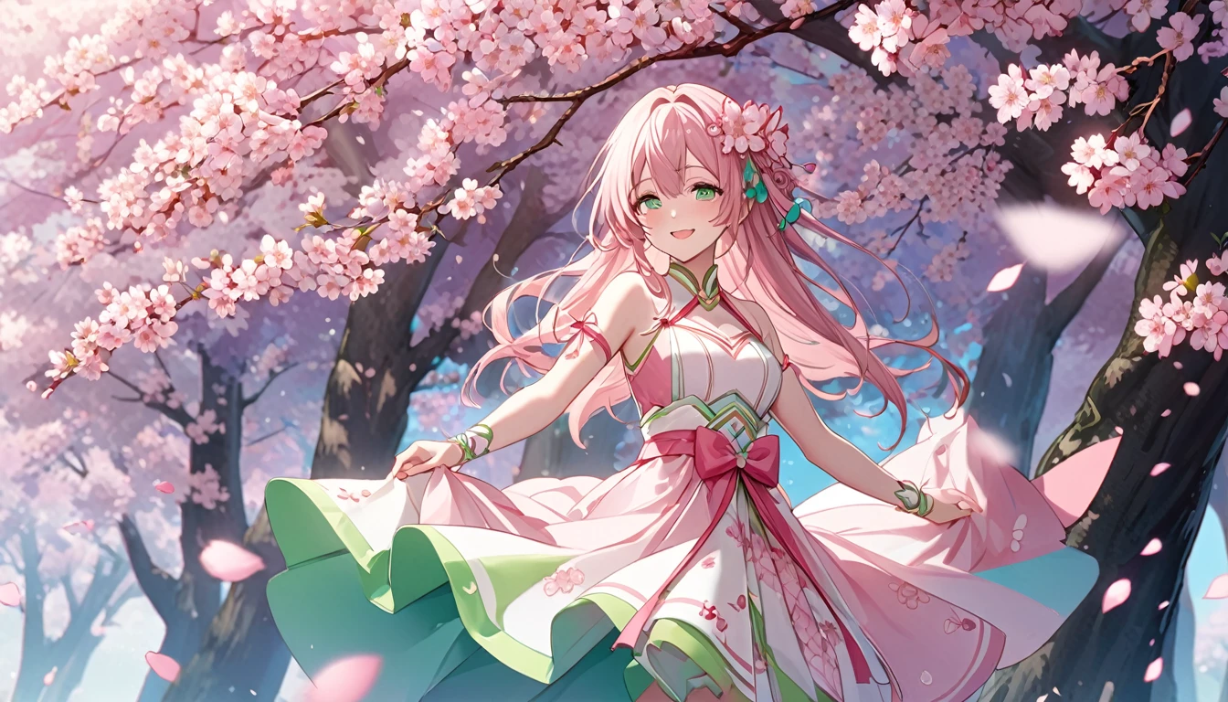 **285. One person。Personification of cherry blossoms。Symbol of Spring、The ephemeral beauty of cherry blossoms。Cowboy shot or close-up。
masterpiece, best quality, ultra detailed (Detailed fingers), (Emotional), (Breathtakingly beautiful),
(main part: 1.2 Whole body。), (Anime Style), (Very detailed), (Personification of cherry blossoms),
(超High resolution, High resolution), (8k), (High resolution: 1.2), (Complex and beautiful: 1.2)**
- background: Cherry blossom trees with petals falling、Soft spring scenery。
- Personification: Young woman, around 18 years old、Wearing a dress designed to resemble cherry blossom petals。
-pose: Catching petals under a cherry blossom tree。
-expression: A smile that evokes transience and beauty。
- Effects: Cherry blossom petals flutter in the wind、Soft, falling effect。
-color: Pink and pastel green、Colors that symbolize the warmth of spring。