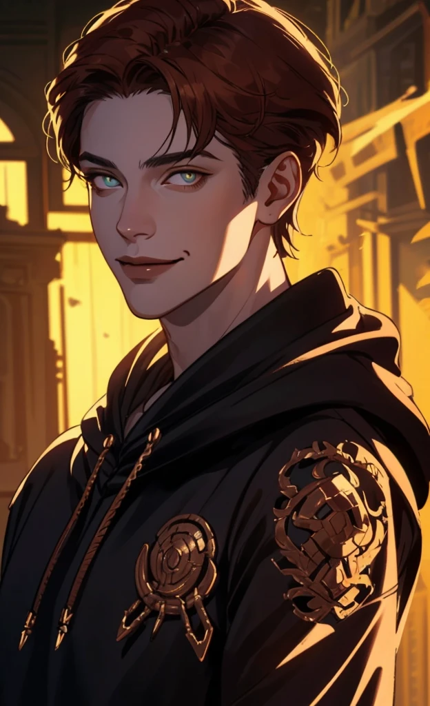 a man with amber eyes, copper short hair, smiling, cheerful, with knives, in a hoodie, portrait, high quality, detailed, photorealistic, cinematic lighting, dynamic composition, warm color palette, chiaroscuro, dramatic lighting, extremely detailed face and eyes, highly detailed skin, detailed clothing texture, vibrant colors, intricate details