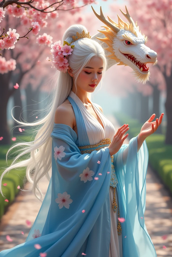 A woman, big breasts, in a blue and white dress with flowers in her white hair, hanfu, palace, girl in hanfu, blue hanfu, white hanfu, wearing ancient Chinese costume, cherry blossom tree, cherry blossom flower petals in wind, reaches up to ((white, pink, gold dragon)) ((beautiful fantasy queen)), ancient Chinese princess, Chinese style, traditional Chinese clothing, ancient Chinese clothing, beautiful fantasy queen, Chinese princess, traditional beauty,
