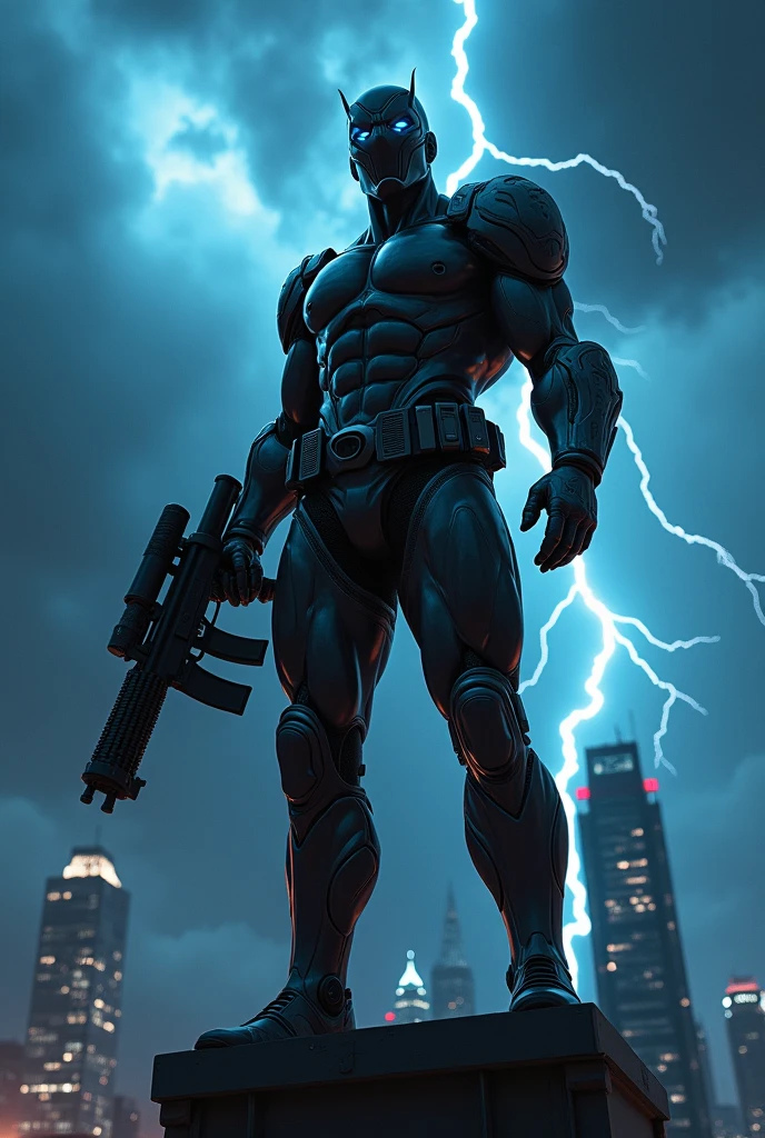 Generates the image of an athletic super villain wearing a black and silver suit. The super villain costume has a mask, It is tight and has protectors, Use tactical gloves and weapons