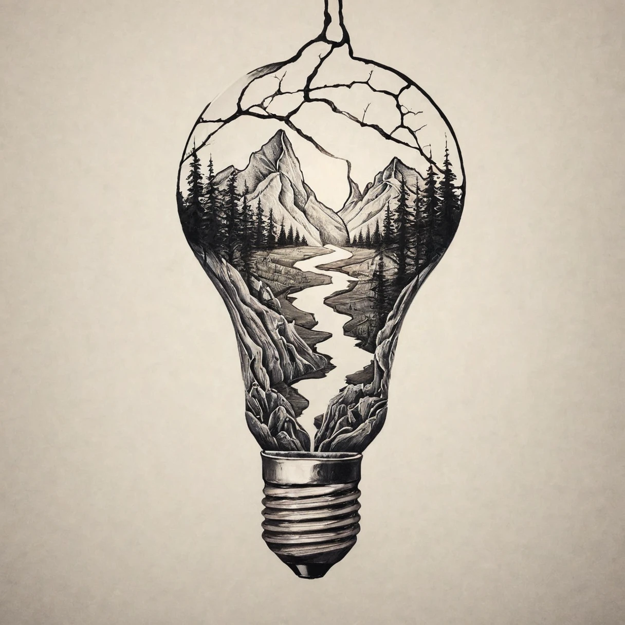 drawing of a minimalist tattoo, landscape inside a broken light bulb