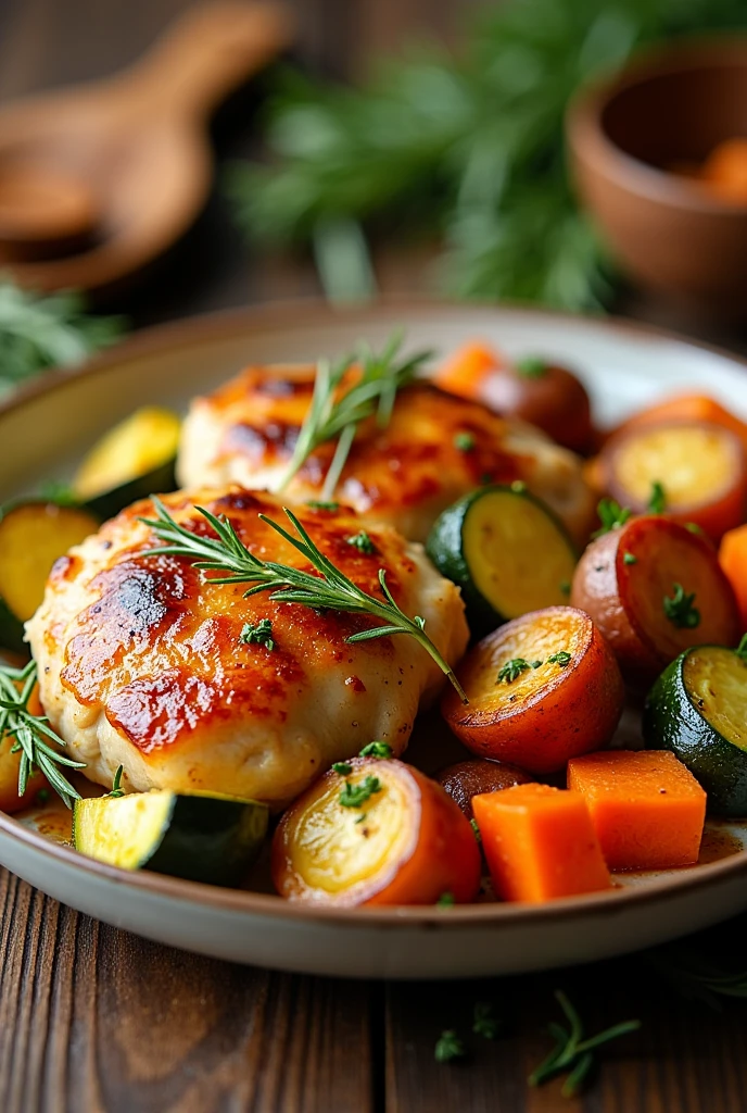 Baked Chicken Breasts with Golden Roasted Vegetables, green, Orange the chicken golden color, accompanied by a mix of roasted vegetables such as carrots (orange), zucchini (green), and potatoes. It is seasoned with fresh herbs such as rosemary and thyme..