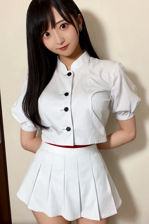 Gravure idol pose　Hotel　uniform　White clothes　high resolution　Not too small bust　Black Mini Skirt　Short skirts and beautiful hair　Height: 158cm