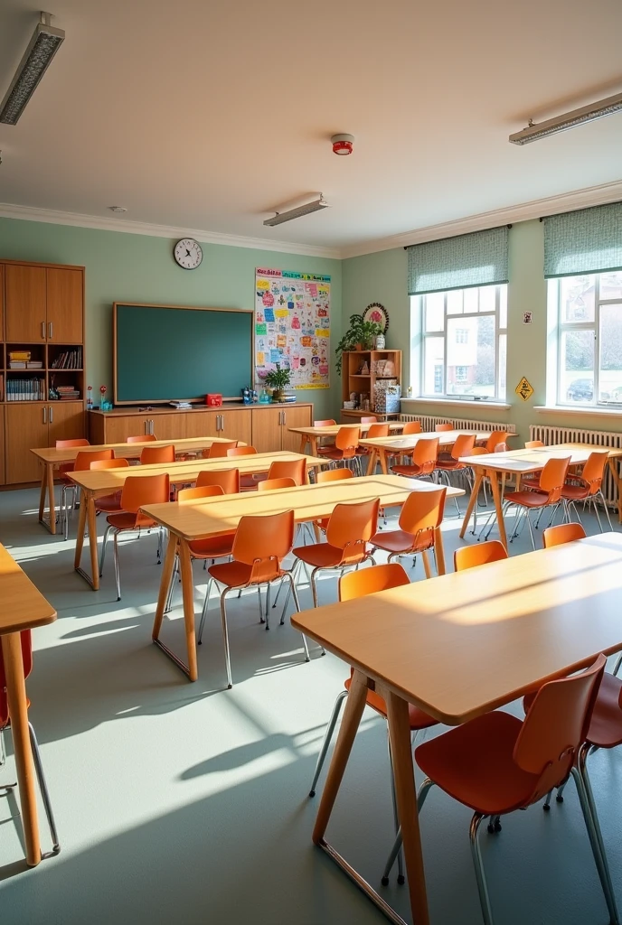 Create a classroom with 30 chairs and 15 tables in columns where there is a table for the teacher and a wardrobe that serves as a shelf