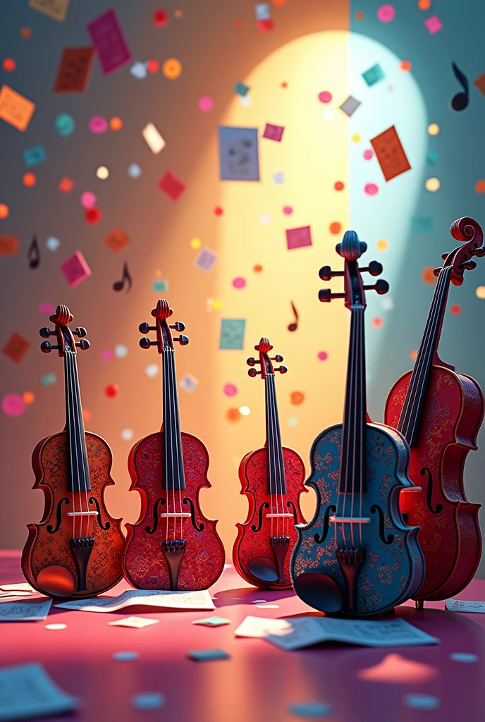 a colorful and joyful music composition, detailed musical instruments, beautiful musical notes and sheets, Pixar-style animation, intricate details, vibrant colors, photorealistic, 8k, highly detailed, masterpiece, professional quality