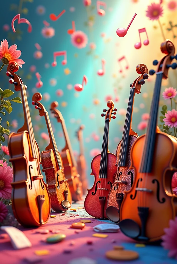 a colorful and joyful music composition, detailed musical instruments, beautiful musical notes and sheets, Pixar-style animation, intricate details, vibrant colors, photorealistic, 8k, highly detailed, masterpiece, professional quality