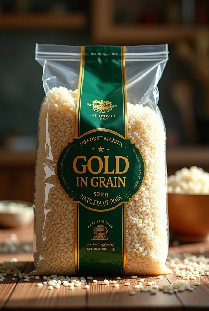 LARGE 50 KILOS TRANSPARENT BAG OF PREMIUM RICE AND THE FRONT PART IN GREEN AND GOLD COLORS WITH THE BRAND "GOLD IN GRAIN"