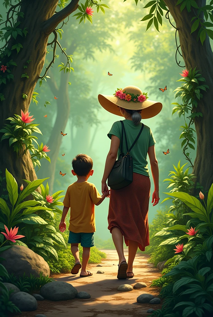 boy collect herbs with her old grandmother in jungle