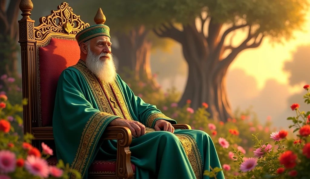 Creat a animated image of that old age Muslim king,s knowledge and kindness 