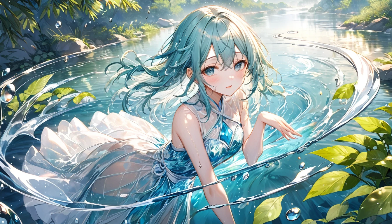 **286. One person。Water personification。The embodiment of pure, flowing water。Cowboy shot or close-up。  
masterpiece, best quality, ultra detailed (Detailed fingers), (Emotional), (Breathtakingly beautiful),  
(main part: 1.2 Whole body。), (Anime Style), (Very detailed), (water personification),  
(超High resolution, High resolution), (8k), (High resolution: 1.2), (Complex and beautiful: 1.2)**
- background: Clear riverside、A landscape of water flowing through lush greenery。
- Personification: Young woman, around 18 years old、Wearing a transparent dress with flowing water。
-pose: Gently caressing the surface of the water。
-expression: Calm and cool、A posture that exudes purity。
- Effects: Water droplets spread around、Glowing effects。
-color: Aqua blue and crystal white、A color that symbolizes the transparency of water。
