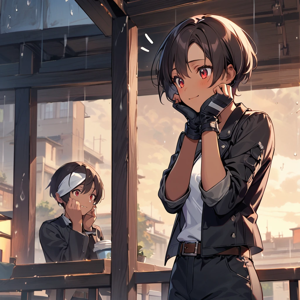 single,female,short cut,short height,dark hair,dark skin,red eyes,((rolled up black jacket)),fingerless gloves,white T-shirt,(white headband),black pants,white shoes,brown belt,cute,indoor type,charming,top quality,neat face,neat eyes,slightly worried face,notices rain notice, drinking coffee on terrace, worried about rain, laughing with head in hands
