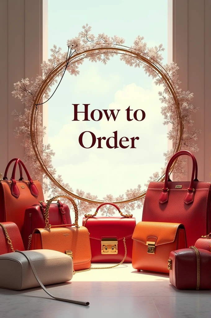 Creat a realistic image full of luxury bags and write "how to order" in the center of the image in circle . Theme should be white sky and zinc