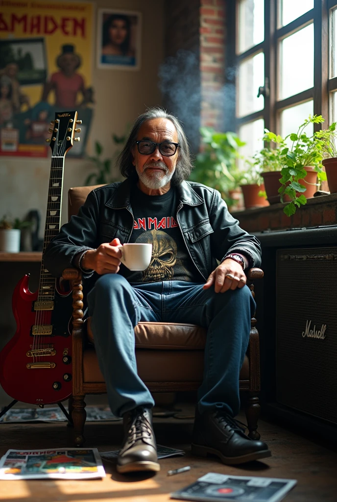 (photorealism:1.2) realistic high detailed definition Malay old man sitting on chair left hand hold cup of coffee and right hand hold cigarette smile face background filthy bricks wall on the room morning mode sunlight effect silhouette wearing shirt black shirt wrote iron maiden full body wearing glasses long black hair short jeans wearing boot black skin jacket wet floor flower tree and electric guitar Gibson sg red colour on side marshall amplifier magazines on floor poster pink Floyd on wall rack full of vinyl records weed plant on the table heavy metal band poster on the wall messy room smoke effect makeup like Ozzy Osbourne magazine cover wrote rileks retro font