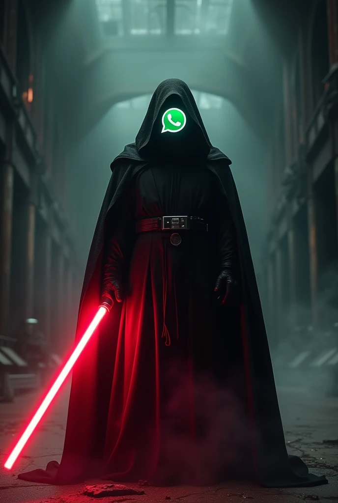 The app Whatsapp as a Sith Lord from Star Wars, colors of the app, red lightsaber, creepy, scary, ultra-realistic 