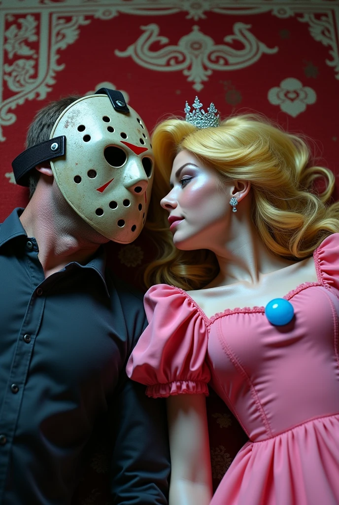A close-up of Jason Voorhees lying on a rug with Princess Peach lying next to him, They are looking at each other, found head first, love, enloveados, warm environment, blood and pastel colors, dark and cheerful atmosphere at the same time, horror, love, 8k, ultra quality, masterpiece, realist, hiperrealist, HD, ultra HD