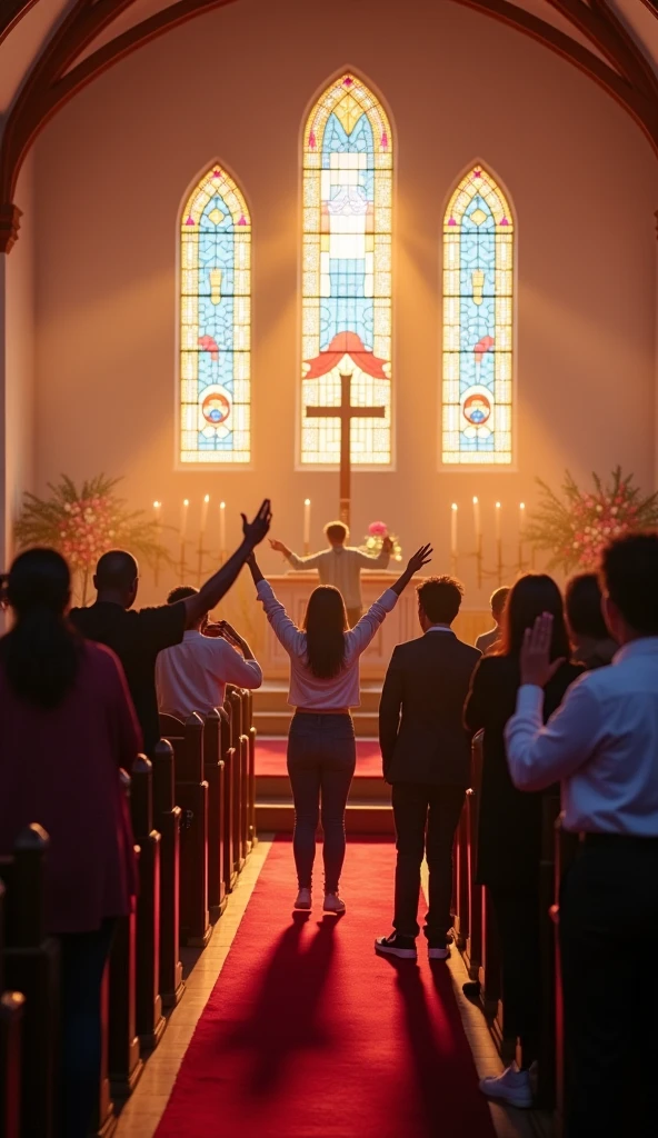 Make an image of an evangelical worship service that transmits: reception, acceptance, belonging, authenticity, hospitality and care. All this within an evangelical church.