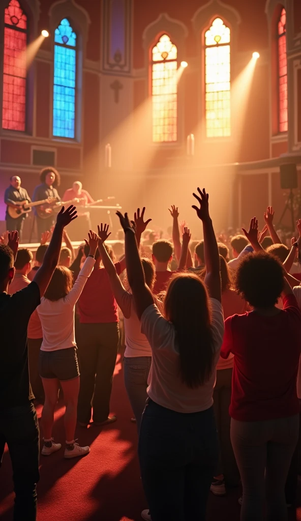Make an image of an evangelical worship service that transmits: reception, acceptance, belonging, authenticity, hospitality and care. All this within an evangelical church.