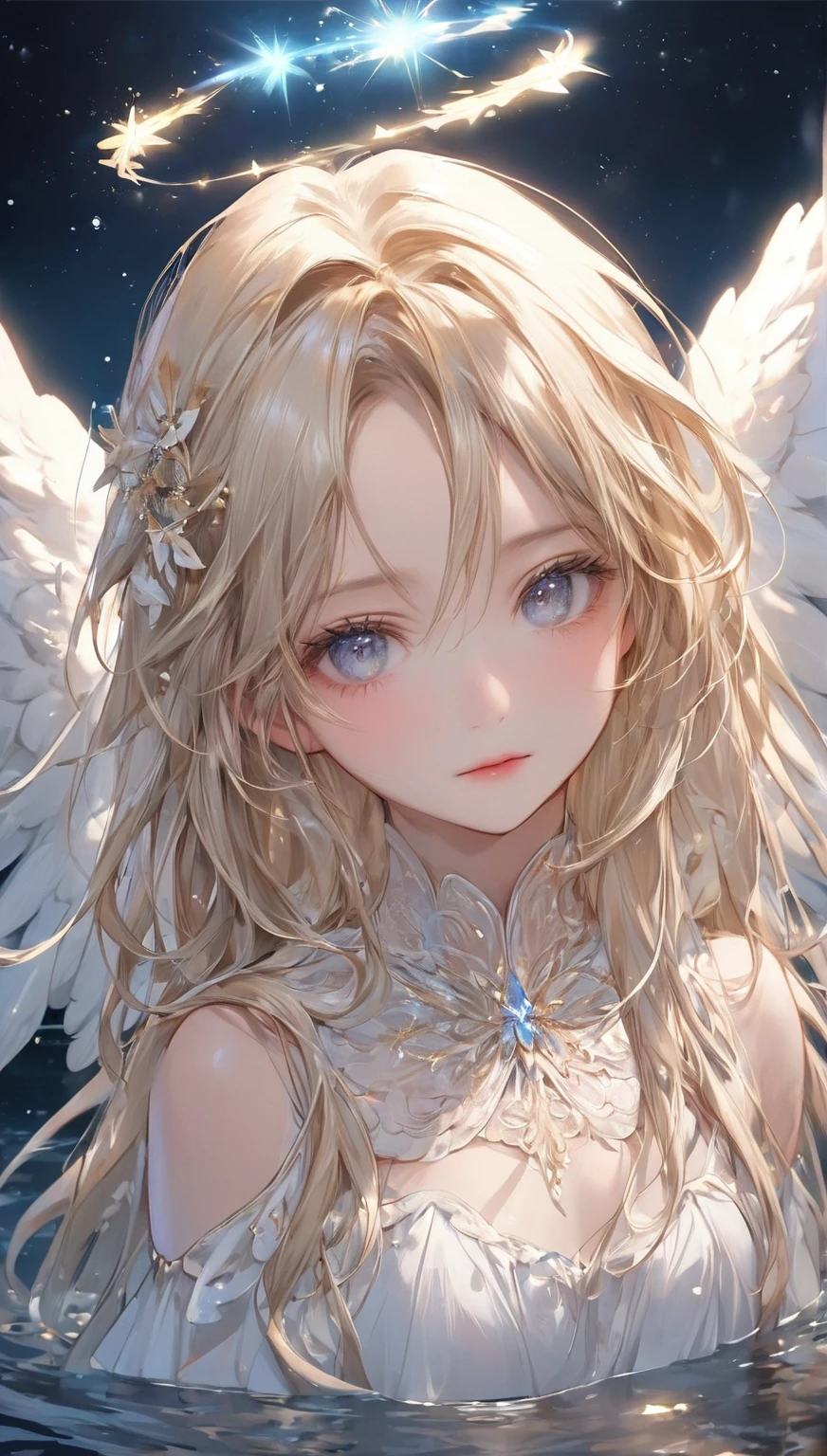 Blond angel with white wings standing in water at night, of an beautiful Angel Girl, of Beautiful Angel, Beautiful Angel, Angel Girl, Beautiful female angel, portrait of a Beautiful Angel, beautiful Angel Girl portrait, Angelical, Majestic Angel, Angelic, Beautiful anime girl, long-haired blonde anime girl, Angelic wings, winged girl angel, girl with angel wings
