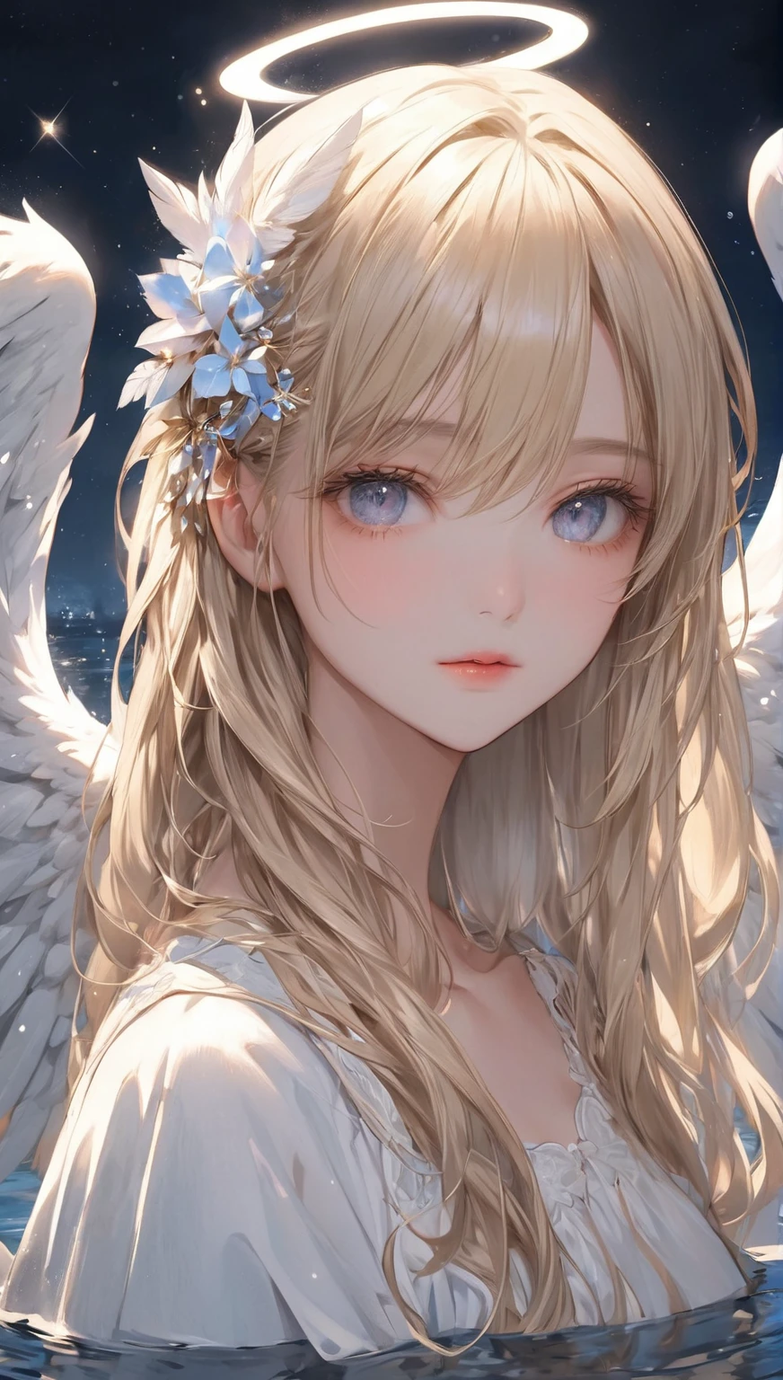 Blond angel with white wings standing in water at night, of an beautiful Angel Girl, of Beautiful Angel, Beautiful Angel, Angel Girl, Beautiful female angel, portrait of a Beautiful Angel, beautiful Angel Girl portrait, Angelical, Majestic Angel, Angelic, Beautiful anime girl, long-haired blonde anime girl, Angelic wings, winged girl angel, girl with angel wings