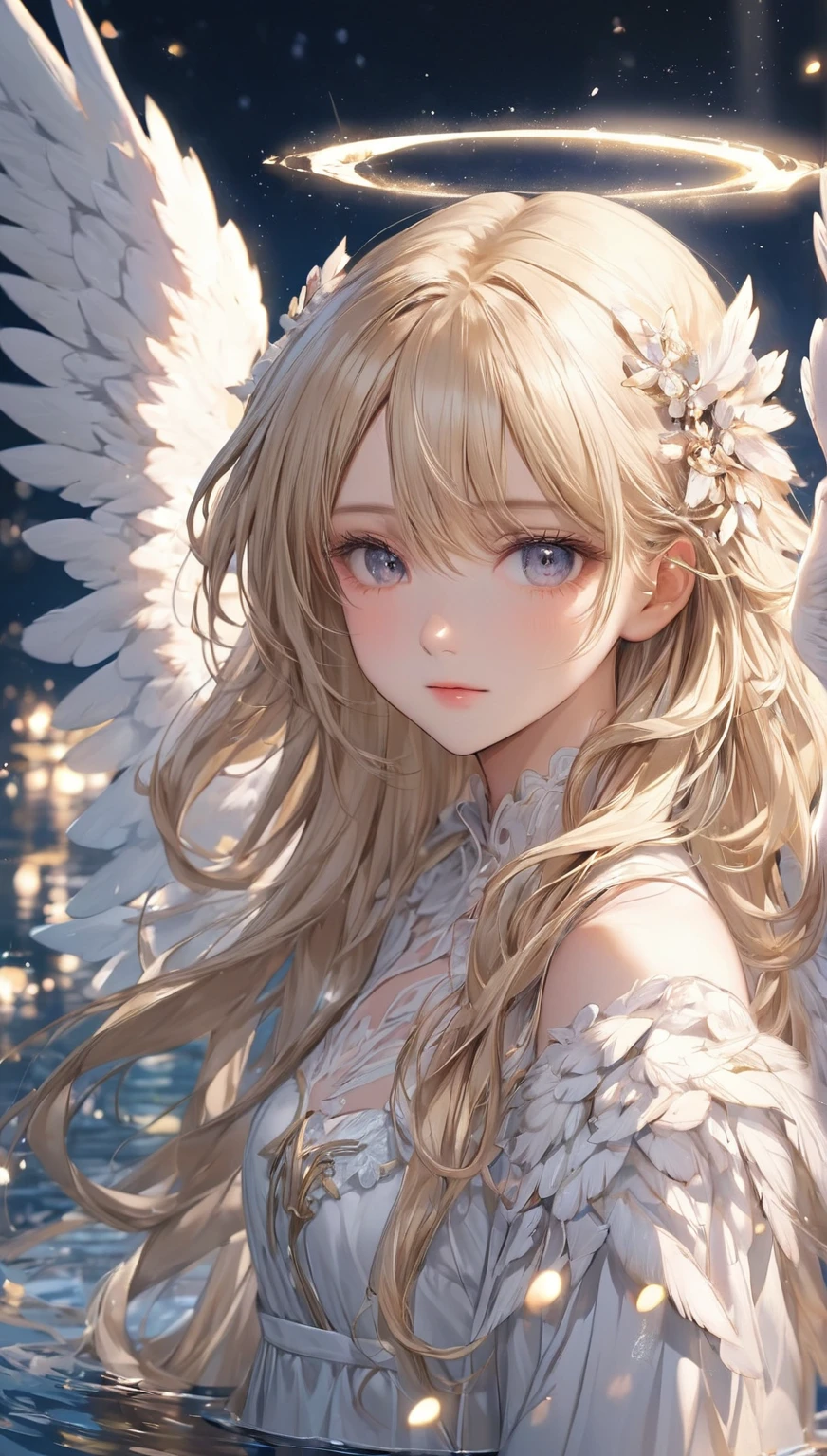Blond angel with white wings standing in water at night, of an beautiful Angel Girl, of Beautiful Angel, Beautiful Angel, Angel Girl, Beautiful female angel, portrait of a Beautiful Angel, beautiful Angel Girl portrait, Angelical, Majestic Angel, Angelic, Beautiful anime girl, long-haired blonde anime girl, Angelic wings, winged girl angel, girl with angel wings