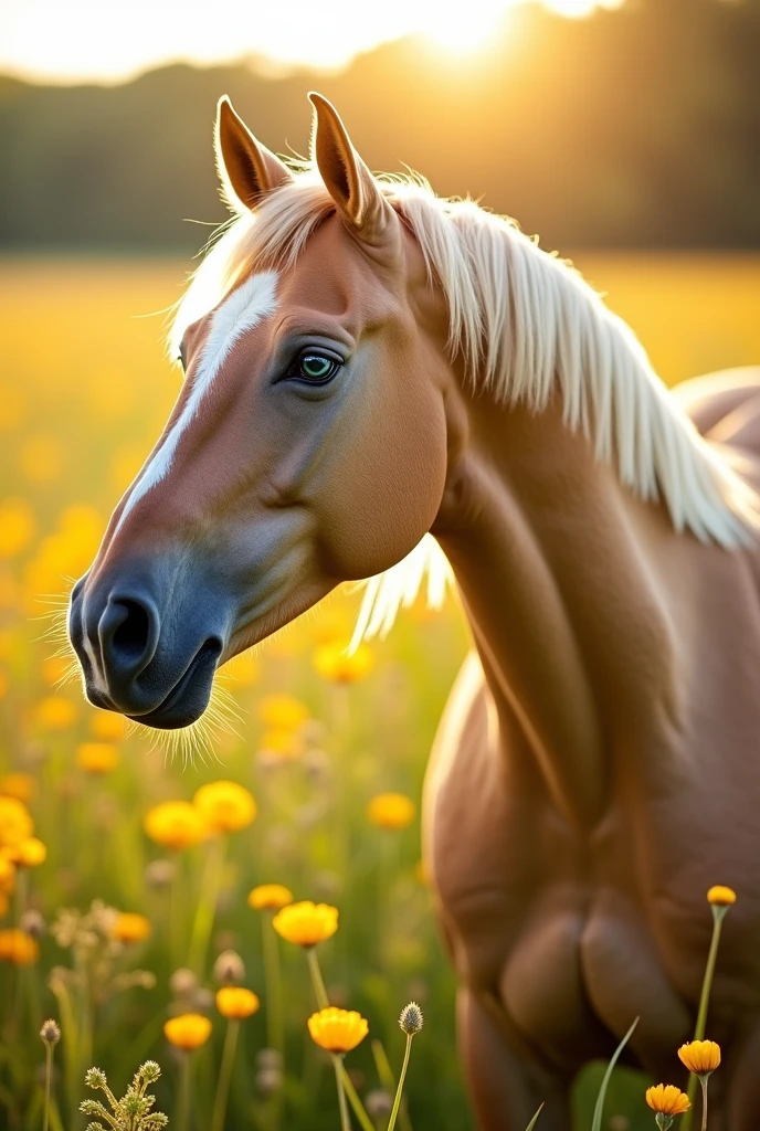 A BLONDIE HORSE IN A FIELD, Conceptual art, depth of field, close-up, Neoclassicism