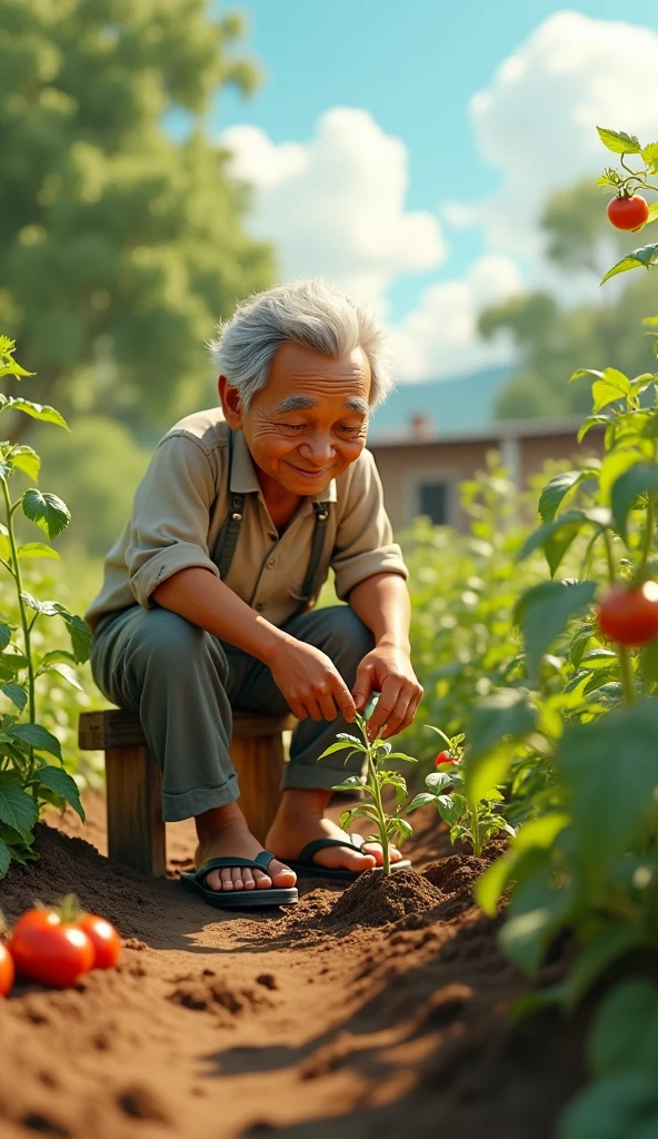 Uncle Tu is an elderly man, Lean with gray hair and tanned skin. He usually wears simple clothes like old shirts, Long pants and flip-flops. He has a gentle face, often smile beard. Sitting and planting small tomato plants, sowing each small plant down below. 3d animation