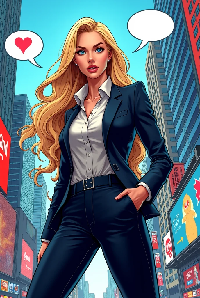 Woman with long light blonde hair, small blue eyes, dressed as a businesswoman, Comic style drawing